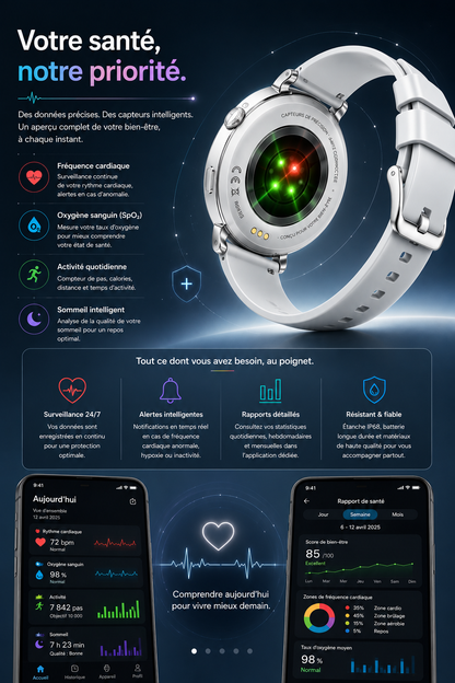 Moon Dream – Montre Connectée Luxe Femme | Écran AMOLED Rond, ECG, IA, Appel Bluetooth