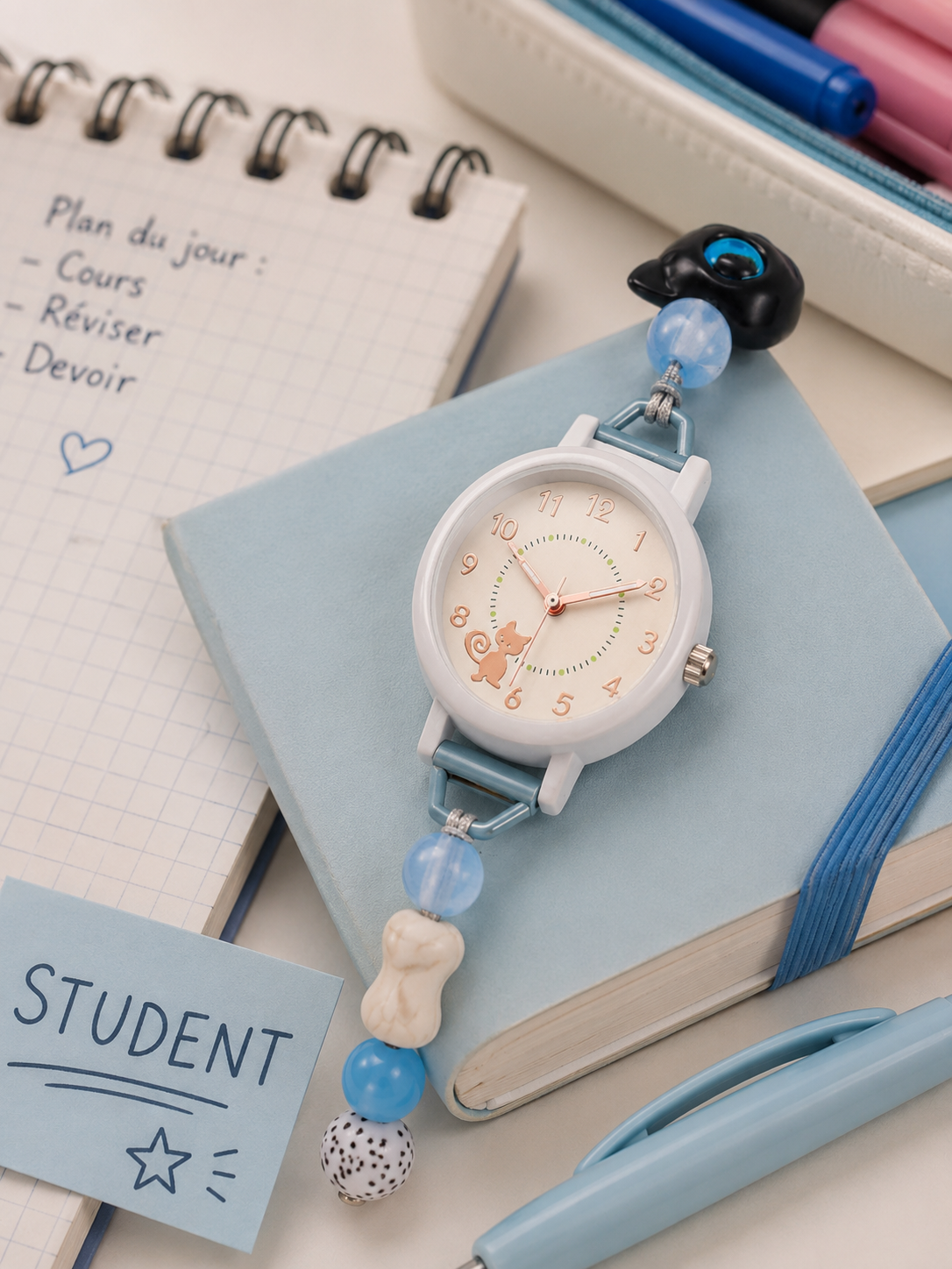 Moon Dream – Montre adolescent Cadran Chat Kawaii Bleu | Bracelet Perles Réglable, Quartz