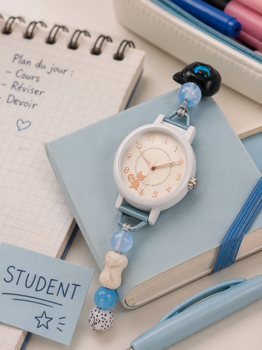 Moon Dream – Montre adolescent Cadran Chat Kawaii Bleu | Bracelet Perles Réglable, Quartz
