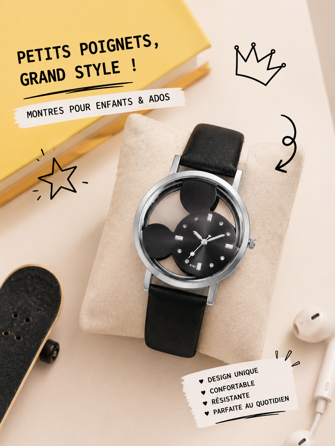 Moon Dream | Montre Cartoon adolescente — Cadran Sans Chiffres Bracelet Cuir Fille & Garçon