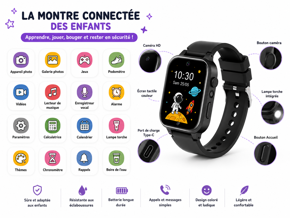 Moon Dream – Montre Connectée Enfant 5-12 Ans | 26 Jeux, Appareil Photo & MP3