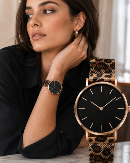 Moon Dream | Montre Ultra-Fine Femme — Bracelet Maille Léopard Quartz Minimaliste Luxe