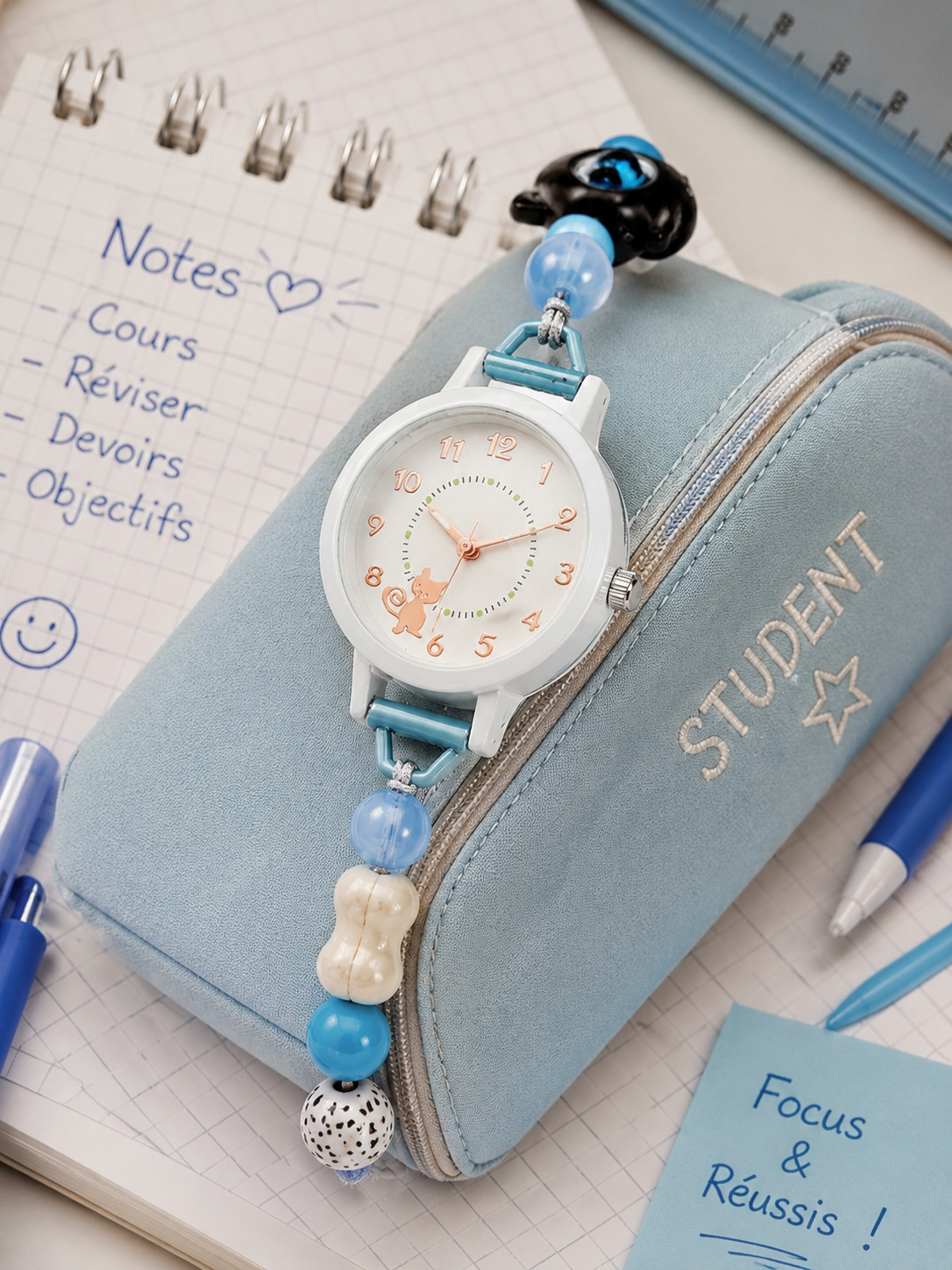 Moon Dream – Montre adolescent Cadran Chat Kawaii Bleu | Bracelet Perles Réglable, Quartz