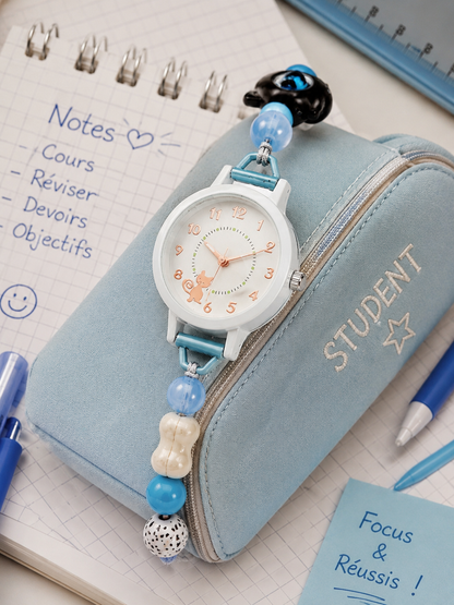 Moon Dream – Montre adolescent Cadran Chat Kawaii Bleu | Bracelet Perles Réglable, Quartz
