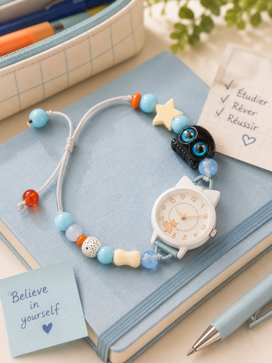 Moon Dream – Montre adolescent Cadran Chat Kawaii Bleu | Bracelet Perles Réglable, Quartz