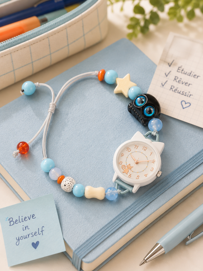 Moon Dream – Montre adolescent Cadran Chat Kawaii Bleu | Bracelet Perles Réglable, Quartz