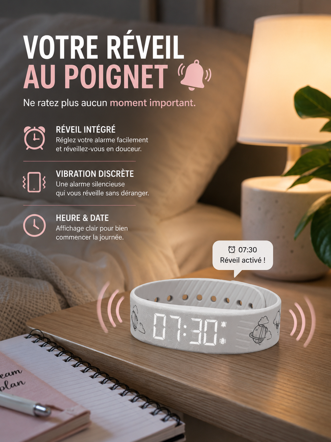Moon Dream – Bracelet Alarme Vibrant Enfant & Ado | Réveil Silicone, Suivi Sommeil, 9 Coloris