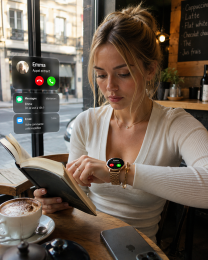 Moon Dream – Montre Connectée Luxe Femme | Écran AMOLED Rond, ECG, IA, Appel Bluetooth