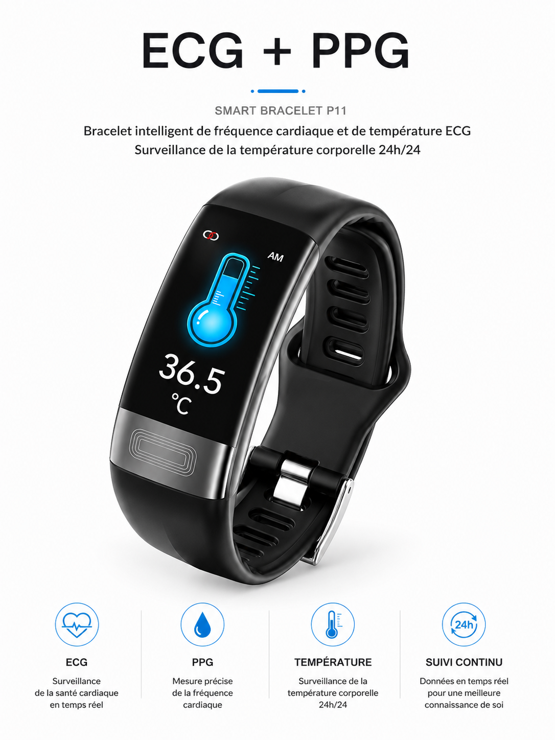 Moon Dream – Bracelet Connecté Santé ECG+PPG | Fréquence Cardiaque, Tension & SpO2