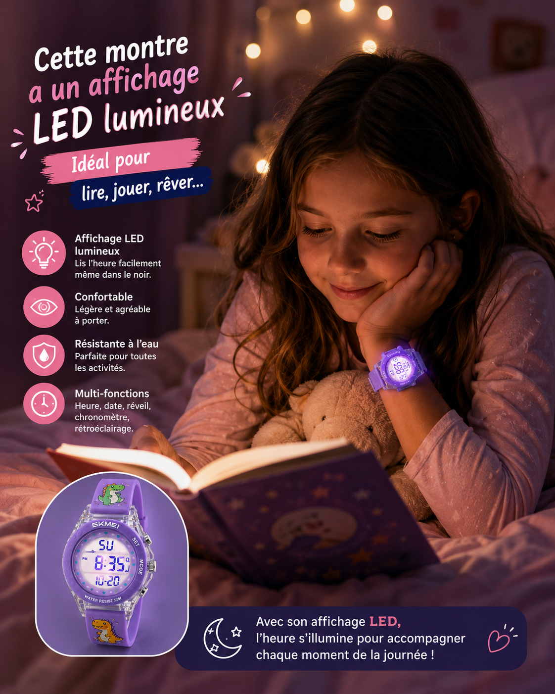 Moon Dream | Montre Digitale Enfant SKMEI 2646 — Cartoon Waterproof 30M Alarme LED Fille & Garçon