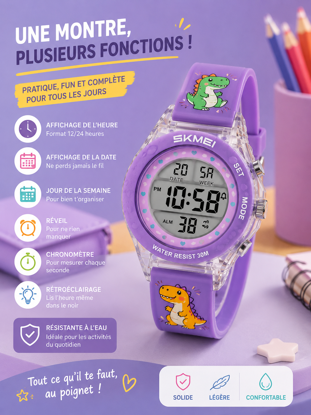 Moon Dream | Montre Digitale Enfant SKMEI 2646 — Cartoon Waterproof 30M Alarme LED Fille & Garçon