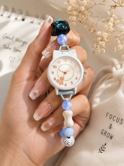 Moon Dream – Montre adolescent Cadran Chat Kawaii Bleu | Bracelet Perles Réglable, Quartz