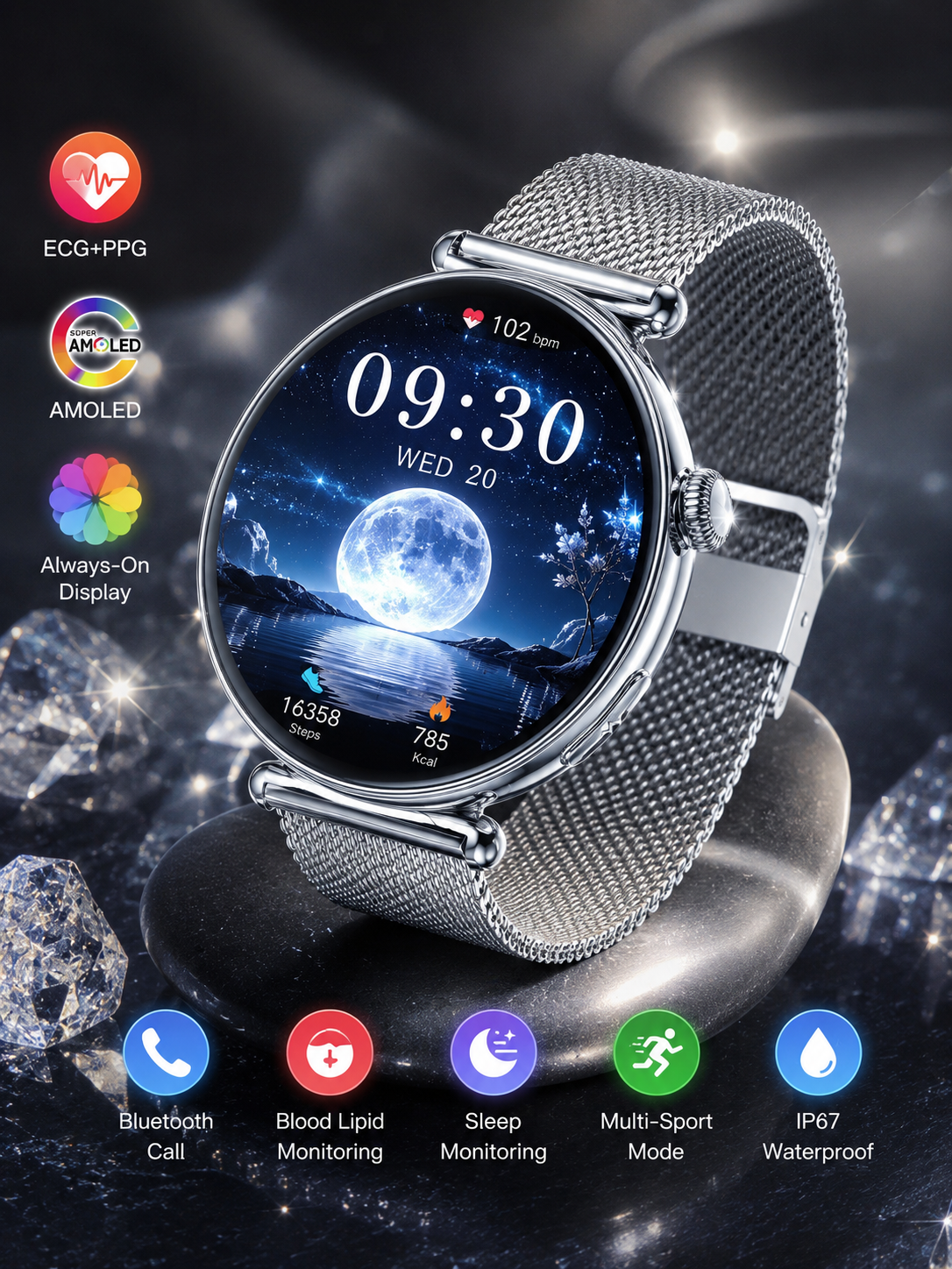 Moon Dream – Montre Connectée Luxe Femme | Écran AMOLED Rond, ECG, IA, Appel Bluetooth