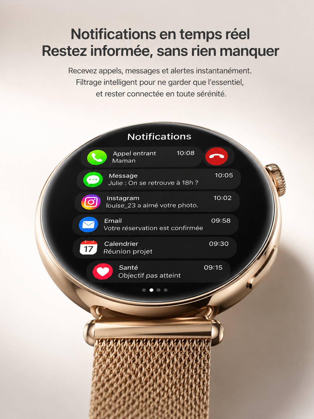 Moon Dream – Montre Connectée Luxe Femme | Écran AMOLED Rond, ECG, IA, Appel Bluetooth