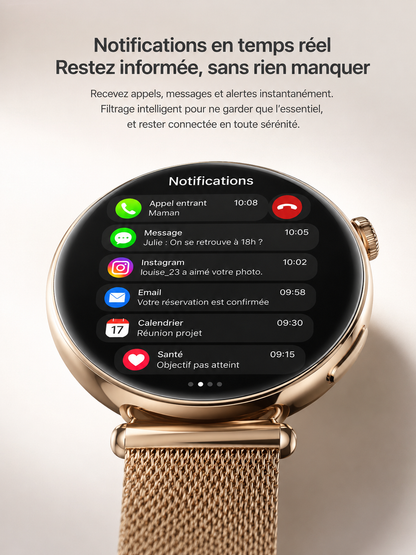 Moon Dream – Montre Connectée Luxe Femme | Écran AMOLED Rond, ECG, IA, Appel Bluetooth