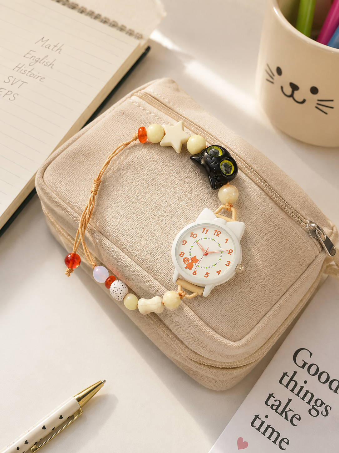 Moon Dream – Montre adolescente Cadran Chat | Bracelet Perles, Quartz, Style Kawaii