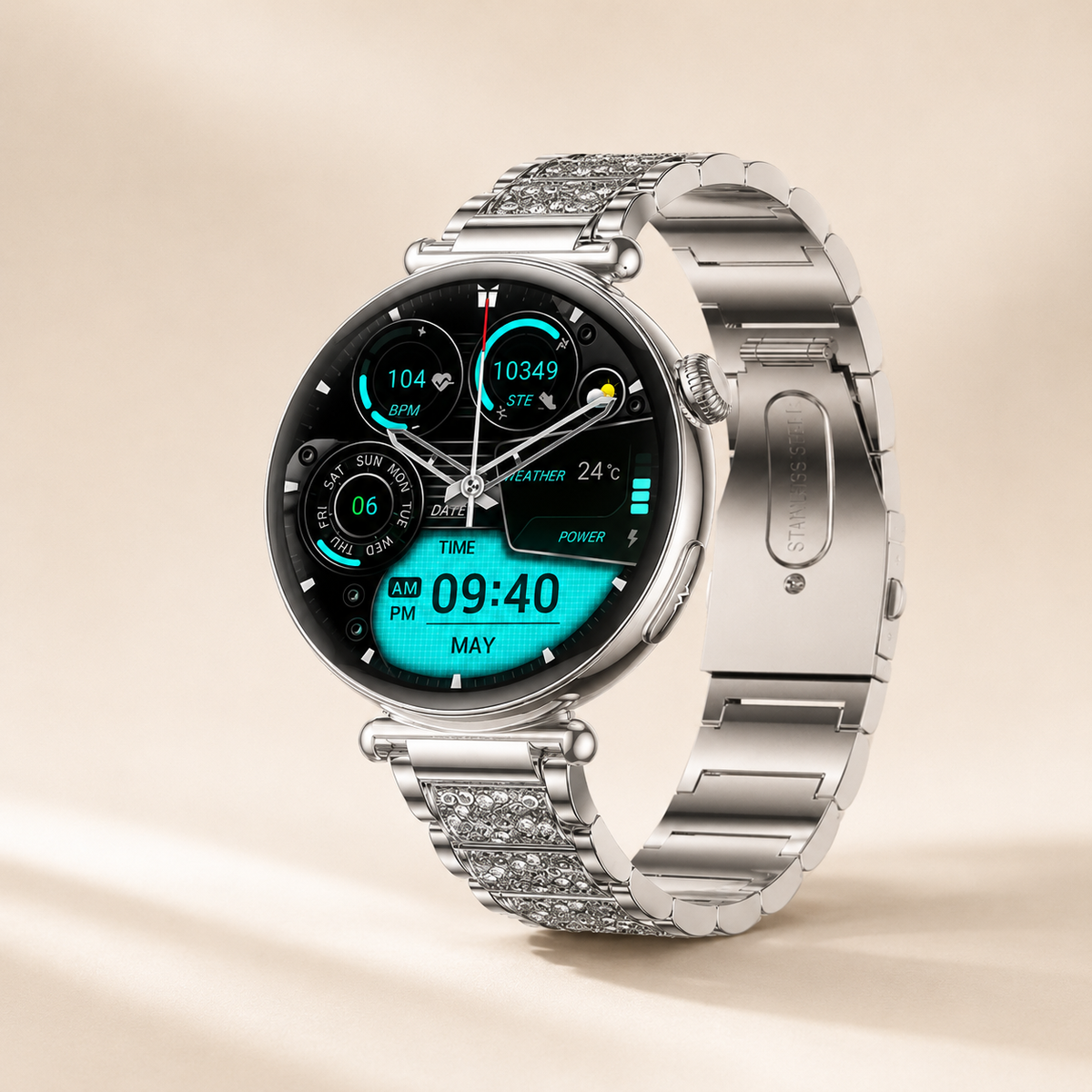 Moon Dream – Montre Connectée Luxe Femme | Écran AMOLED Rond, ECG, IA, Appel Bluetooth