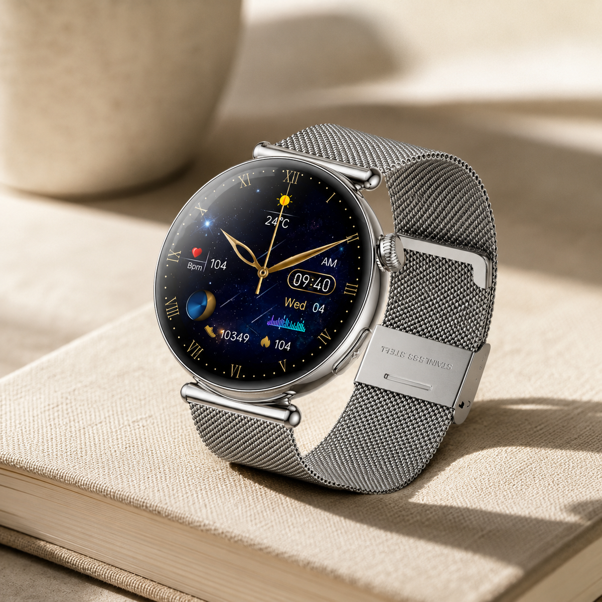 Moon Dream – Montre Connectée Luxe Femme | Écran AMOLED Rond, ECG, IA, Appel Bluetooth
