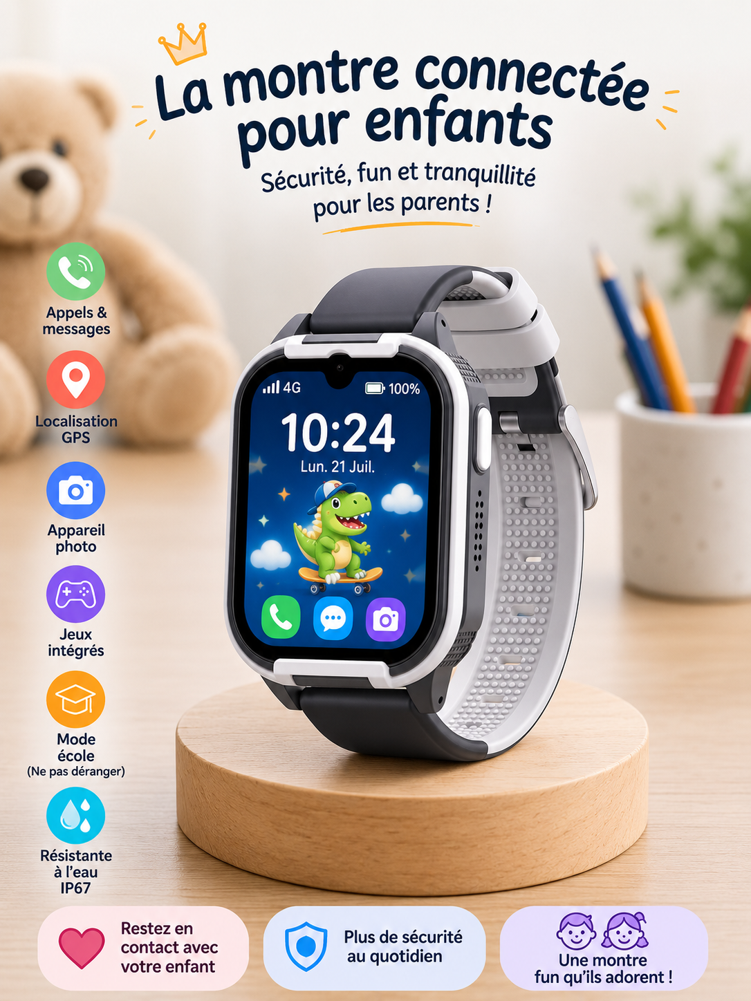 Moon Dream – Montre Connectée Enfant 4G | Fréquence Cardiaque, SpO2, GPS & Appel Vidéo CT24
