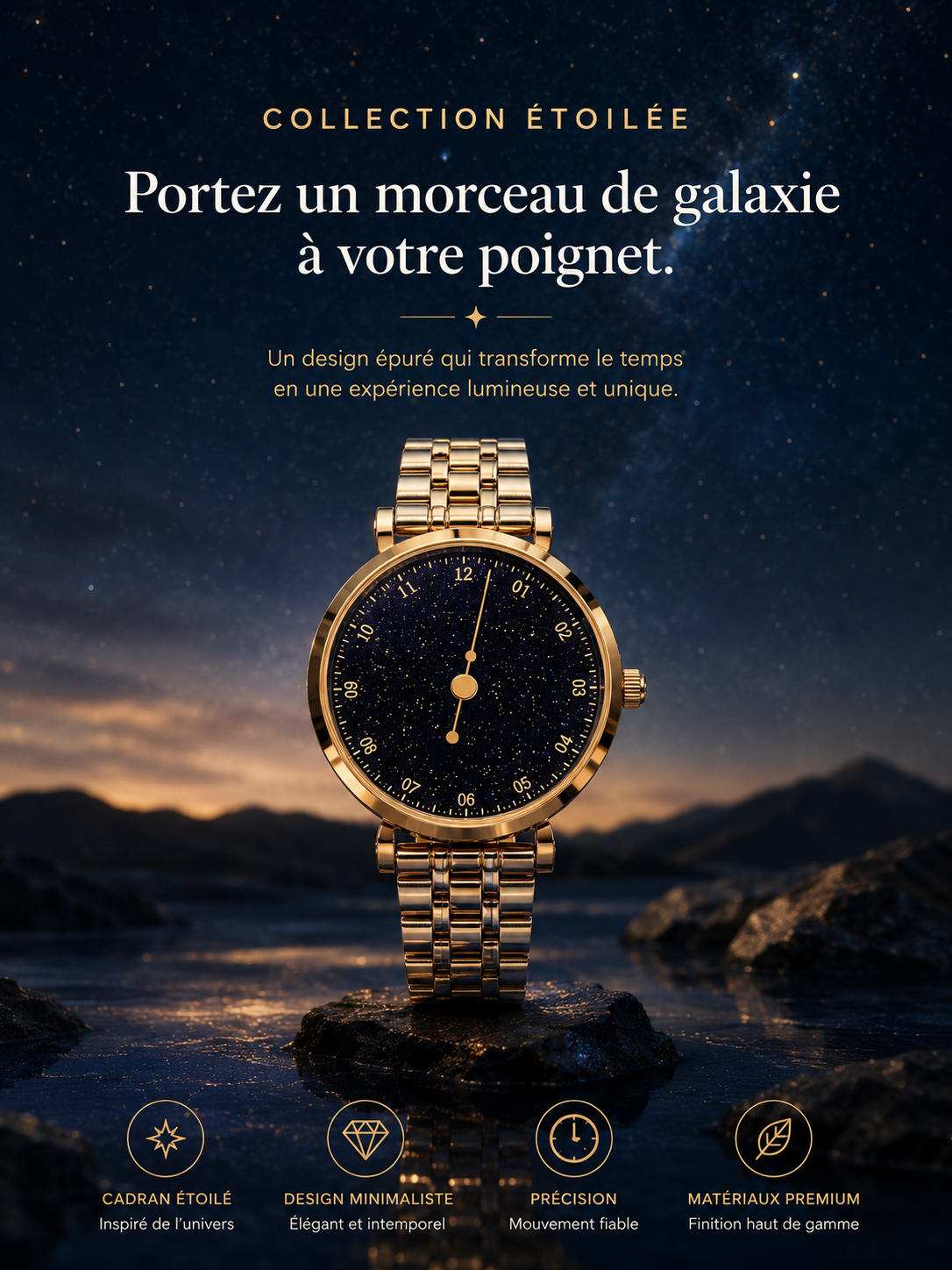 Moon Dream – Montre Femme Cadran Ciel Étoilé | Quartz Japonais, Bracelet Acier Luxe