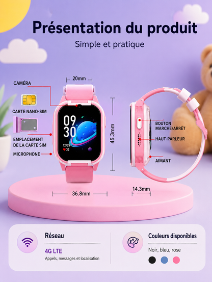 Moon Dream – Montre Connectée Enfant 4G | Fréquence Cardiaque, SpO2, GPS & Appel Vidéo CT24