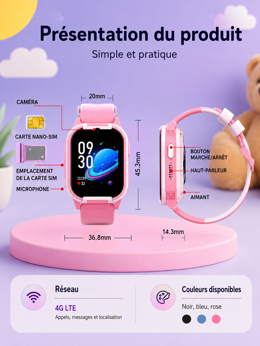 Moon Dream – Montre Connectée Enfant 4G | Fréquence Cardiaque, SpO2, GPS & Appel Vidéo CT24